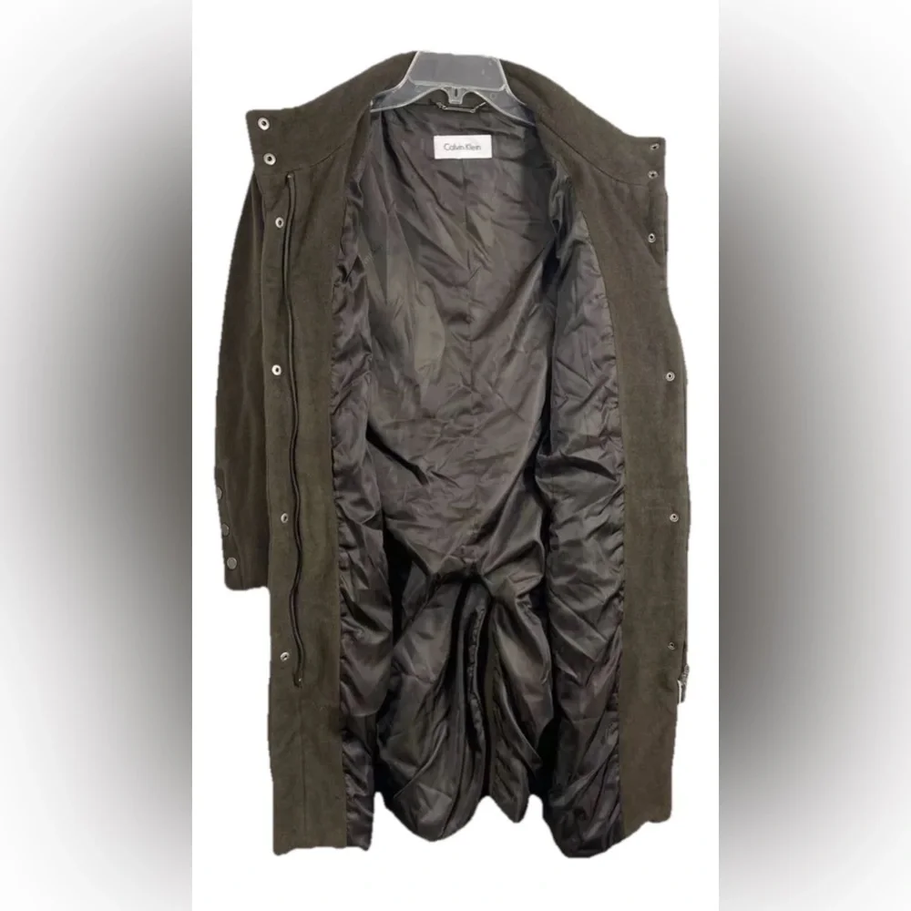 Calvin Klein Angora Wool Blend Trench Coat Olive Green Sz L Mob Wife Mock Neck‎